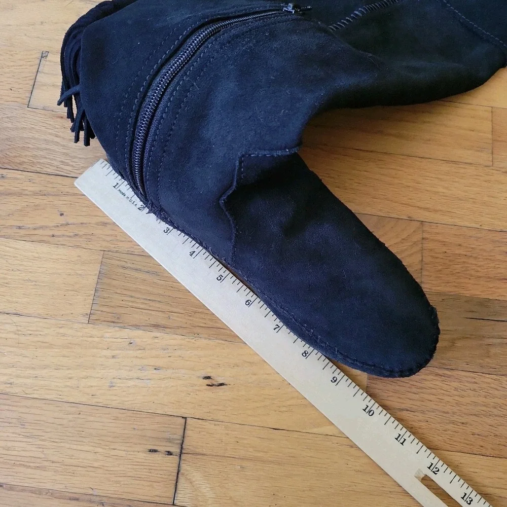 Minnetonka Over The Knee Fringed Suede Boots 8 Black Boho Cowgirl Hippie Western